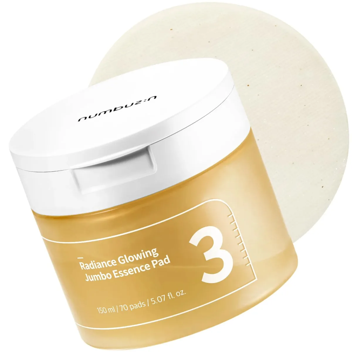 Numbuzin No. 3 Radiance Glowing Jumbo Essence Pads jar with large cotton toner pads soaked in fermented essence