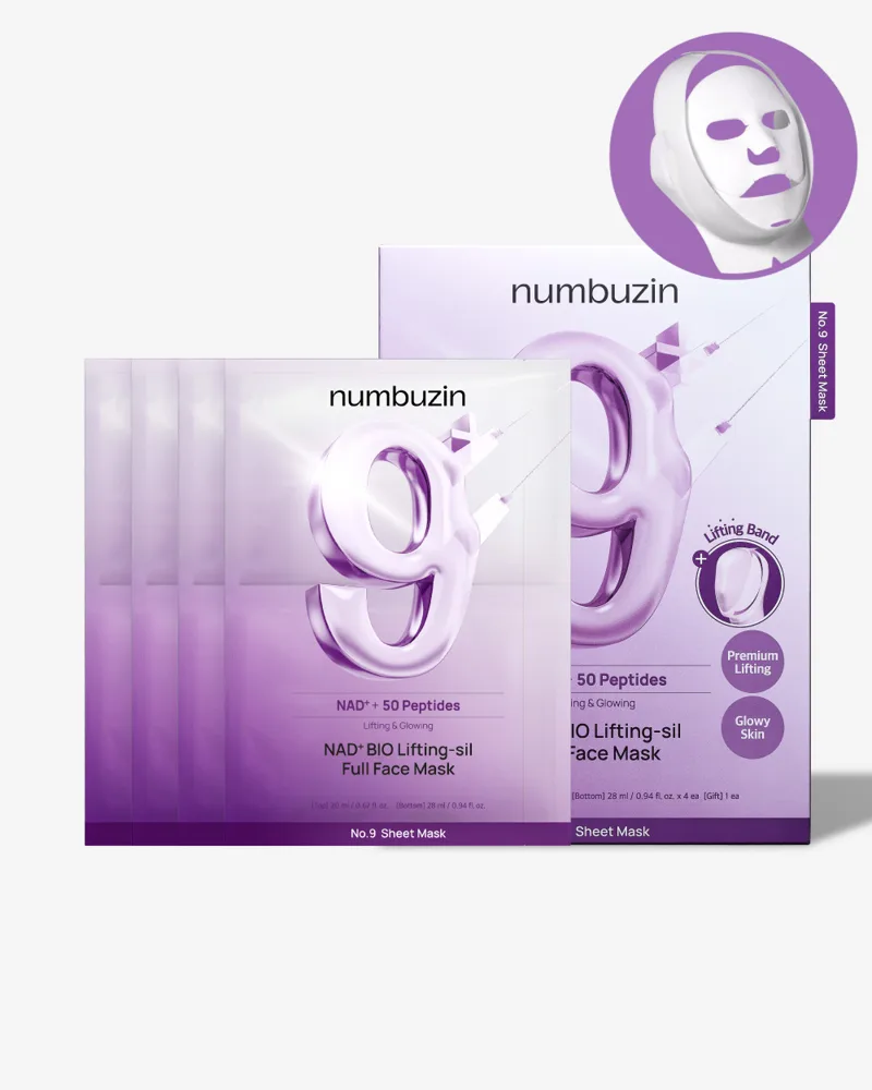 Numbuzin No. 9 NAD+ BIO Lifting-sil Full Face Mask box with sheet masks and lifting band