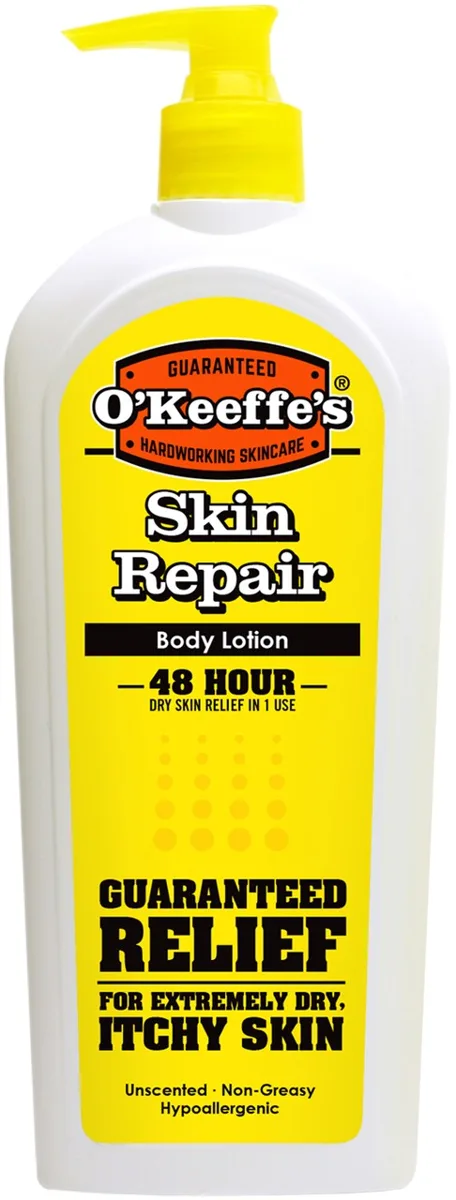 O'Keeffe's Skin Repair Body Lotion pump bottle with yellow branding