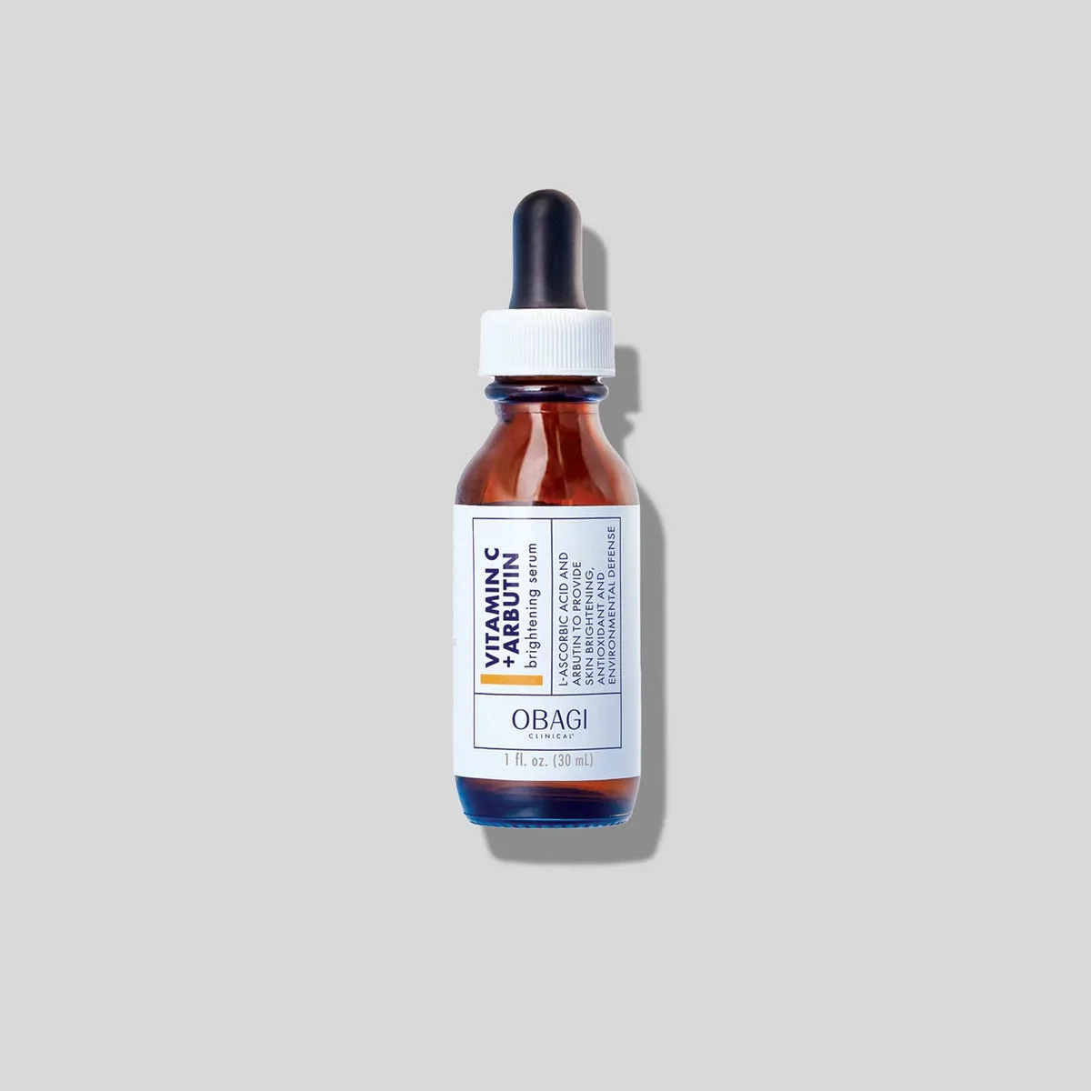 Obagi Clinical Vitamin C+ Arbutin Brightening Serum amber glass dropper bottle with white and gold packaging