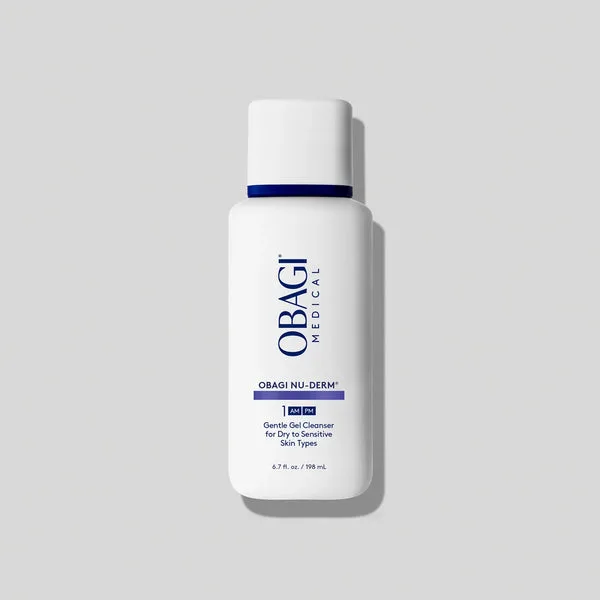 Obagi Nu-Derm Gentle Cleanser white pump bottle with blue and silver medical branding