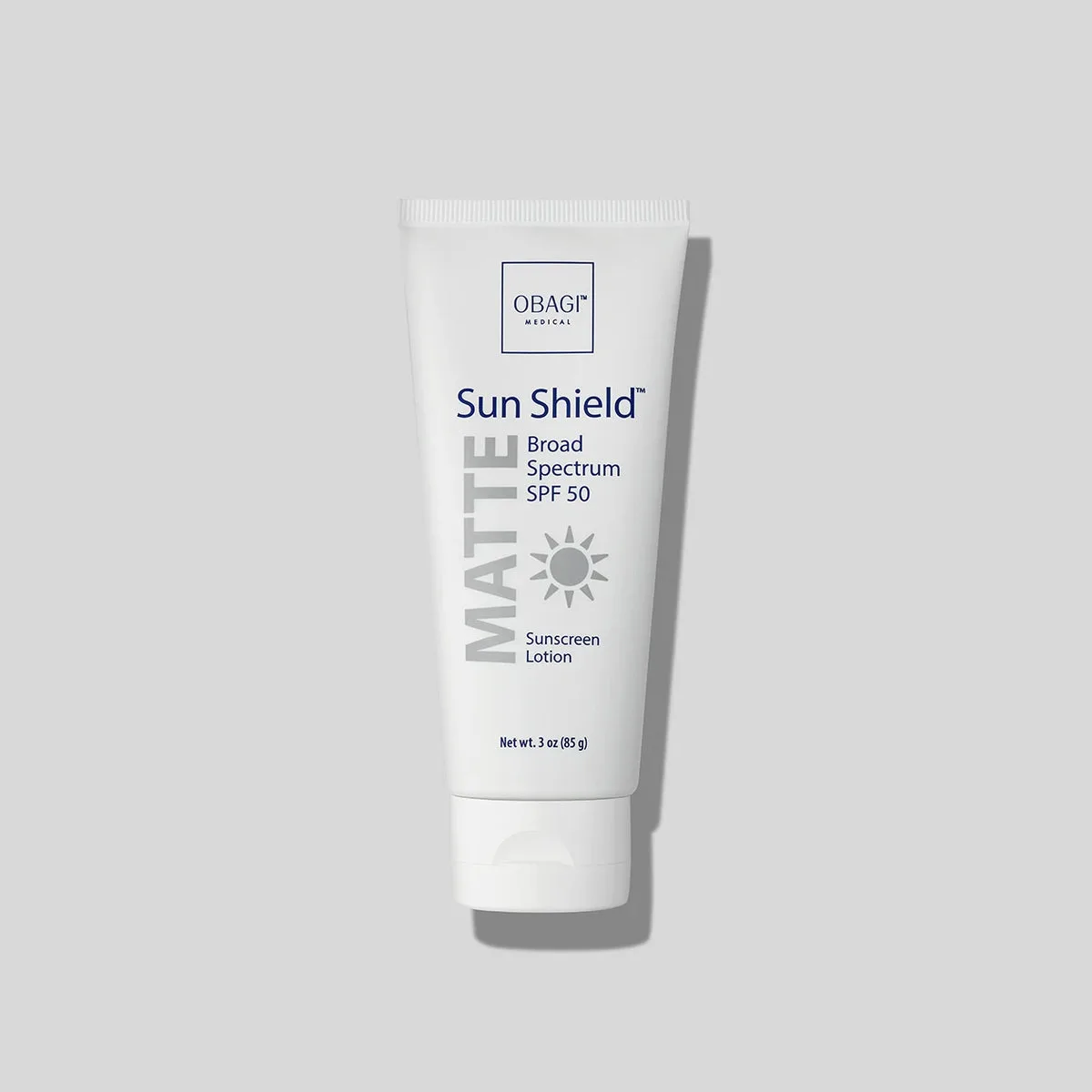 Obagi Sun Shield Matte Broad Spectrum SPF 50 sunscreen in white squeeze tube