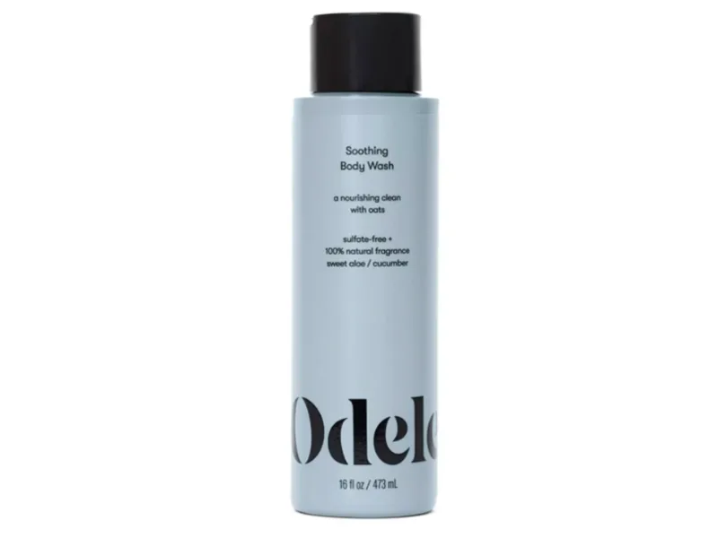 Odele Smoothing Body Wash tall cylindrical bottle with minimalist gender-neutral branding