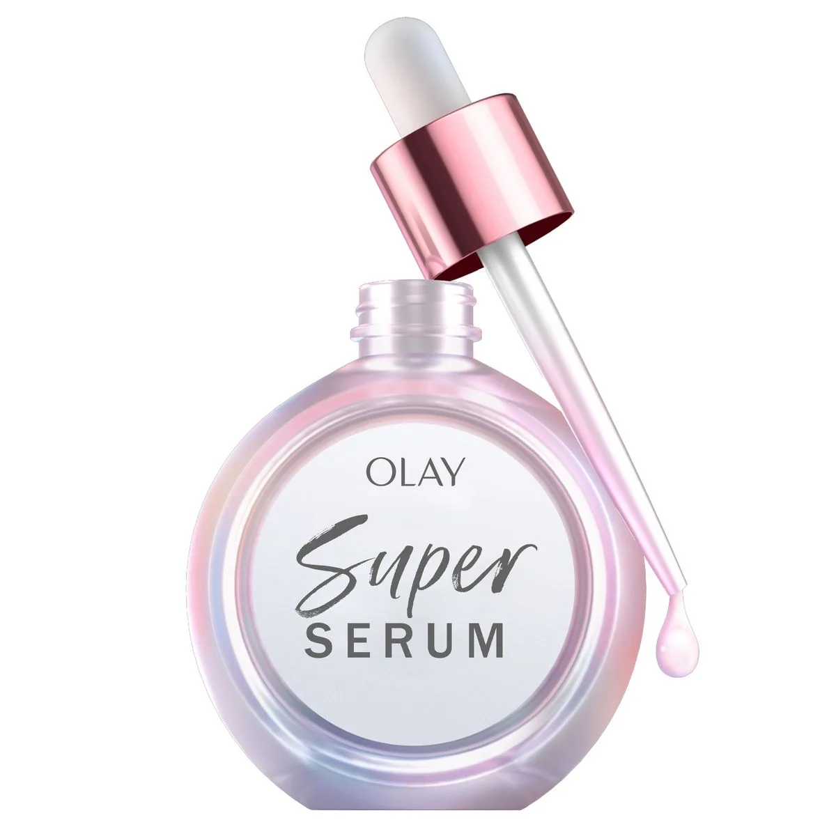 Olay AHA + Vitamin C Super Serum, glass bottle with dropper applicator containing iridescent purple serum
