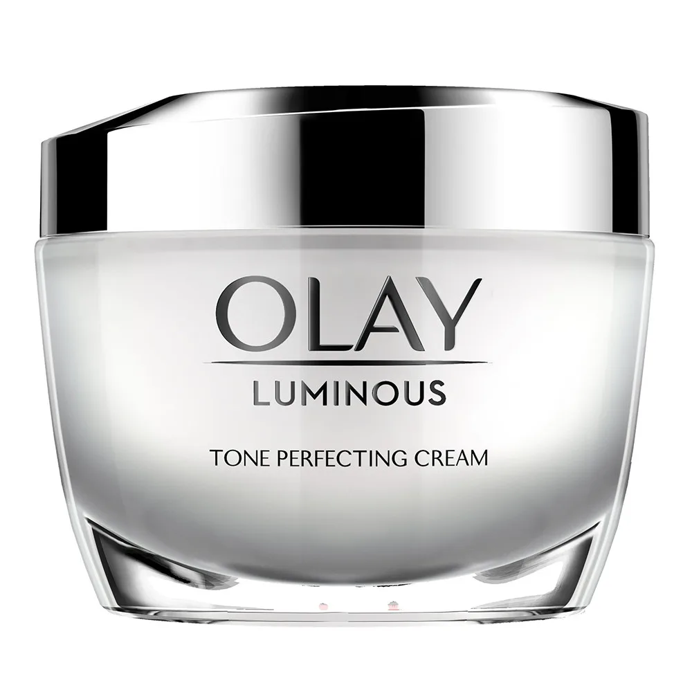 Olay Luminous Tone Perfecting Cream in white pearlescent jar with screw-top lid