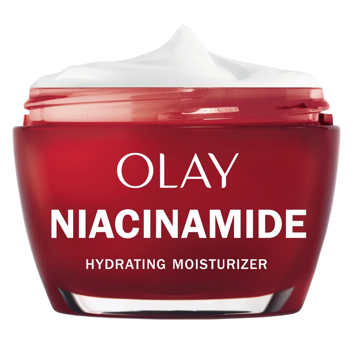 Olay Regenerist Niacinamide + Peptide 24 Hydrating Moisturizer in signature red jar with gold accents