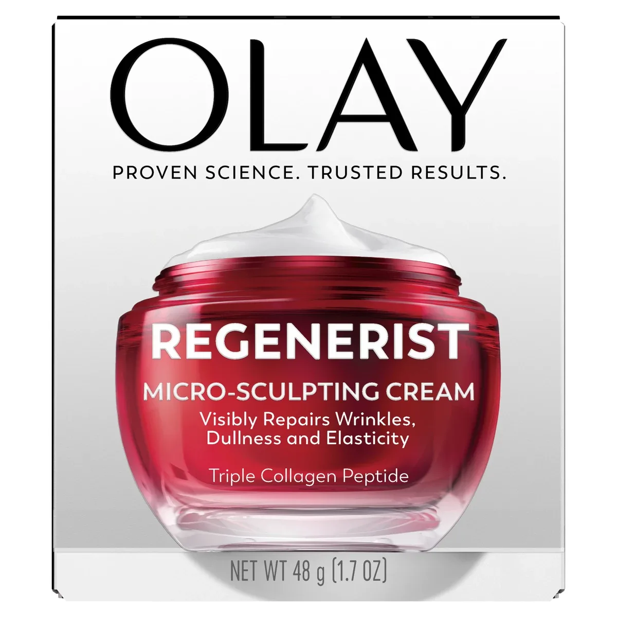Olay Regenerist Micro-Sculpting Cream in iconic red jar with screw-top lid