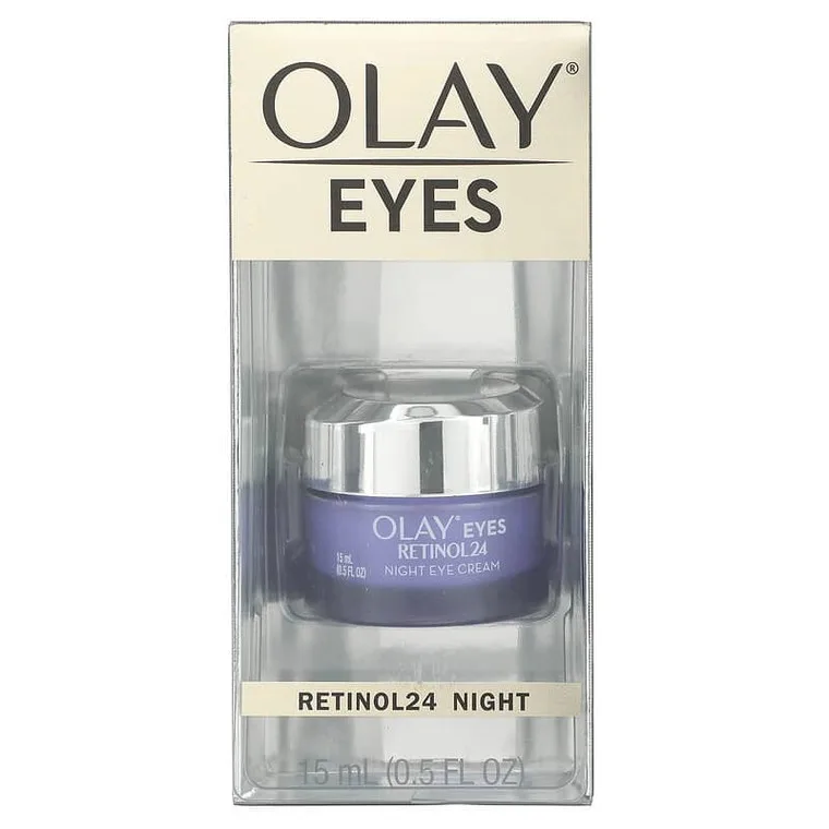 Olay Regenerist Retinol 24 Night Eye Cream in opaque purple jar with gold accents