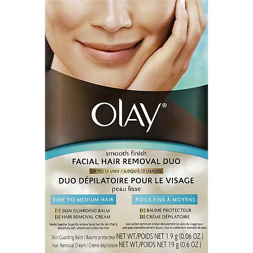 Olay Smooth Finish Facial Hair Removal Duo kit with skin guarding balm and hair removal cream