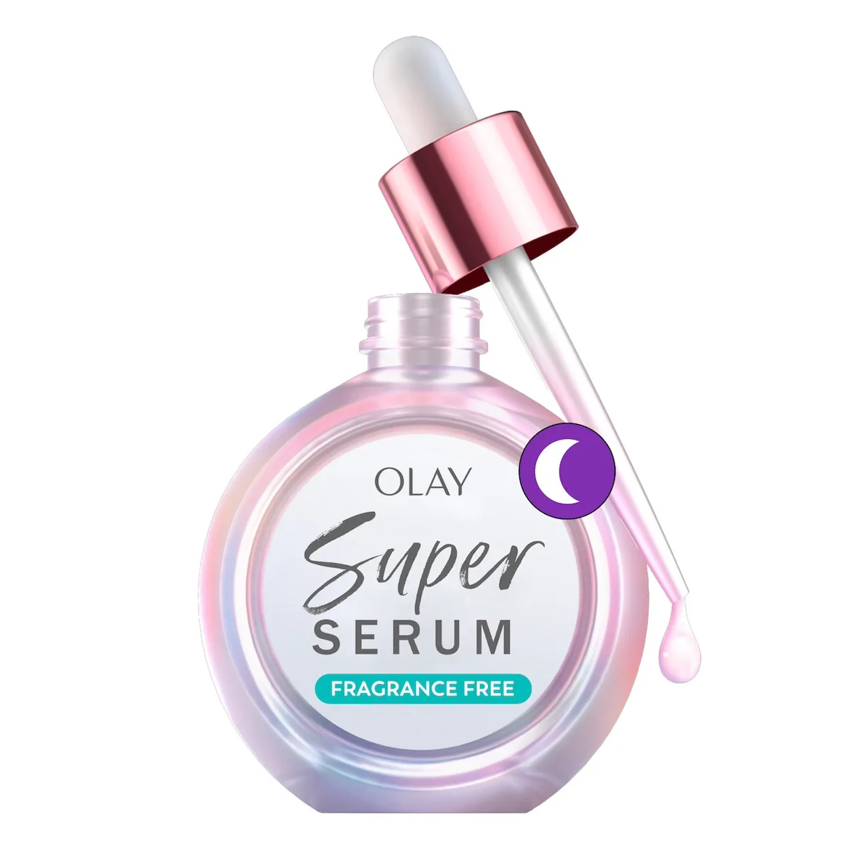 Olay Super Serum Night Repair in dark purple bottle with gold text and moon icon