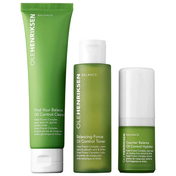 Ole Henriksen Balance It All Essentials Set with three green products including cleanser, toner, and moisturizer