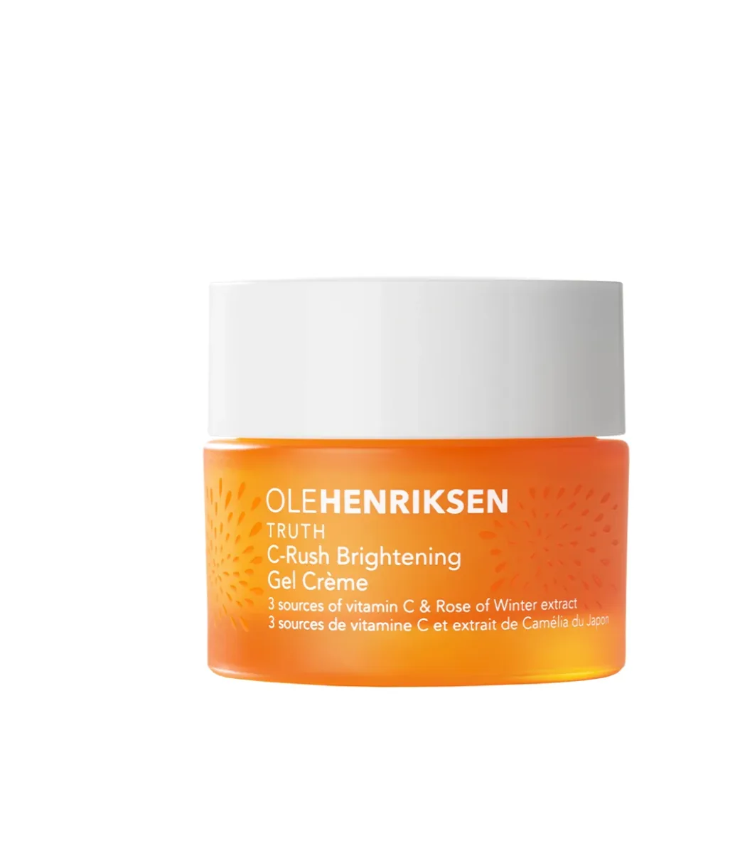 Ole Henriksen C-Rush Vitamin C Gel Crème yellow jar with peach-tinted gel cream visible