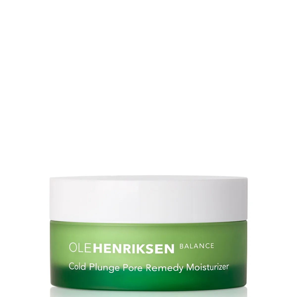 Ole Henriksen Cold Plunge Pore Remedy Moisturizer frosted green glass jar with mint-green gel-cream