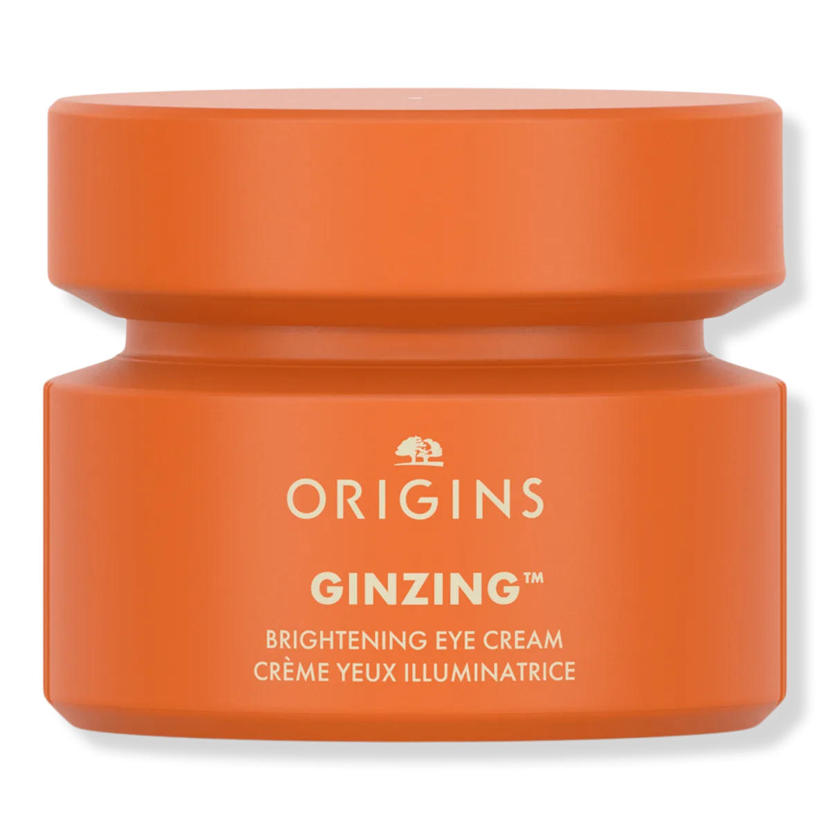 Origins GinZing Refreshing Eye Cream to Brighten and Depuff small jar with salmon-peach tinted cream