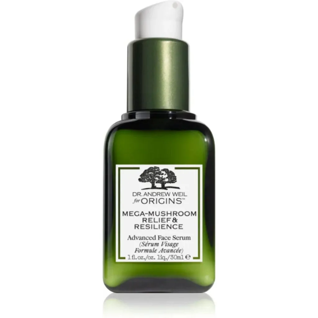 Origins Mega-Mushroom Relief & Resilience Advanced Face Serum frosted glass bottle with dropper