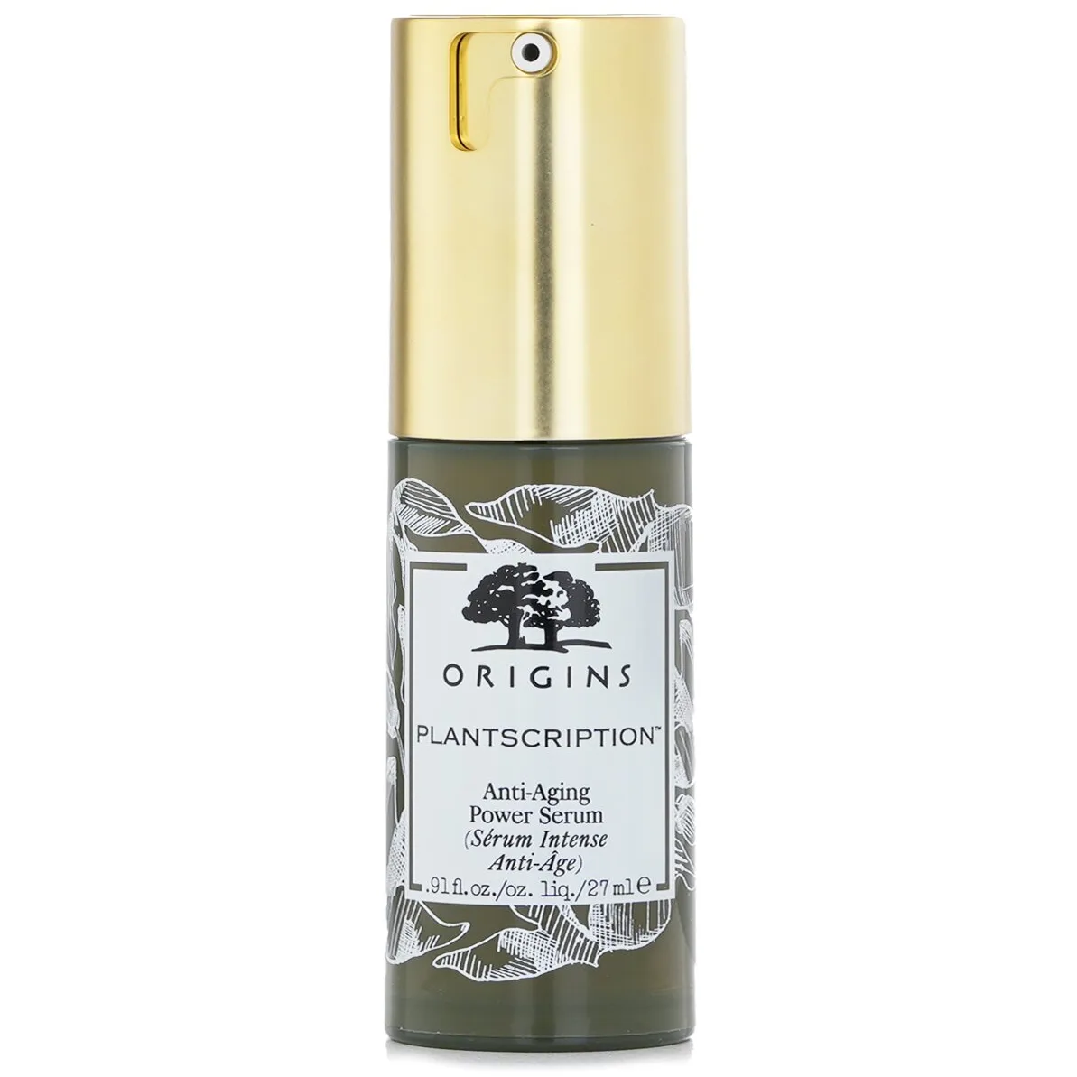 Origins Plantscription Anti-Aging Power Serum in a frosted glass bottle with green pump dispenser