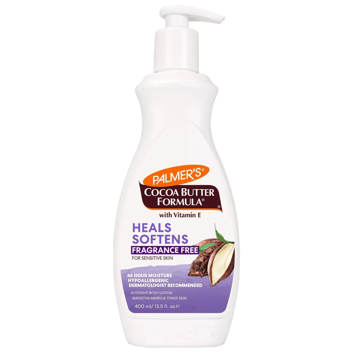Palmer's Cocoa Butter Formula Body Lotion Fragrance Free in a brown pump bottle with green fragrance-free label