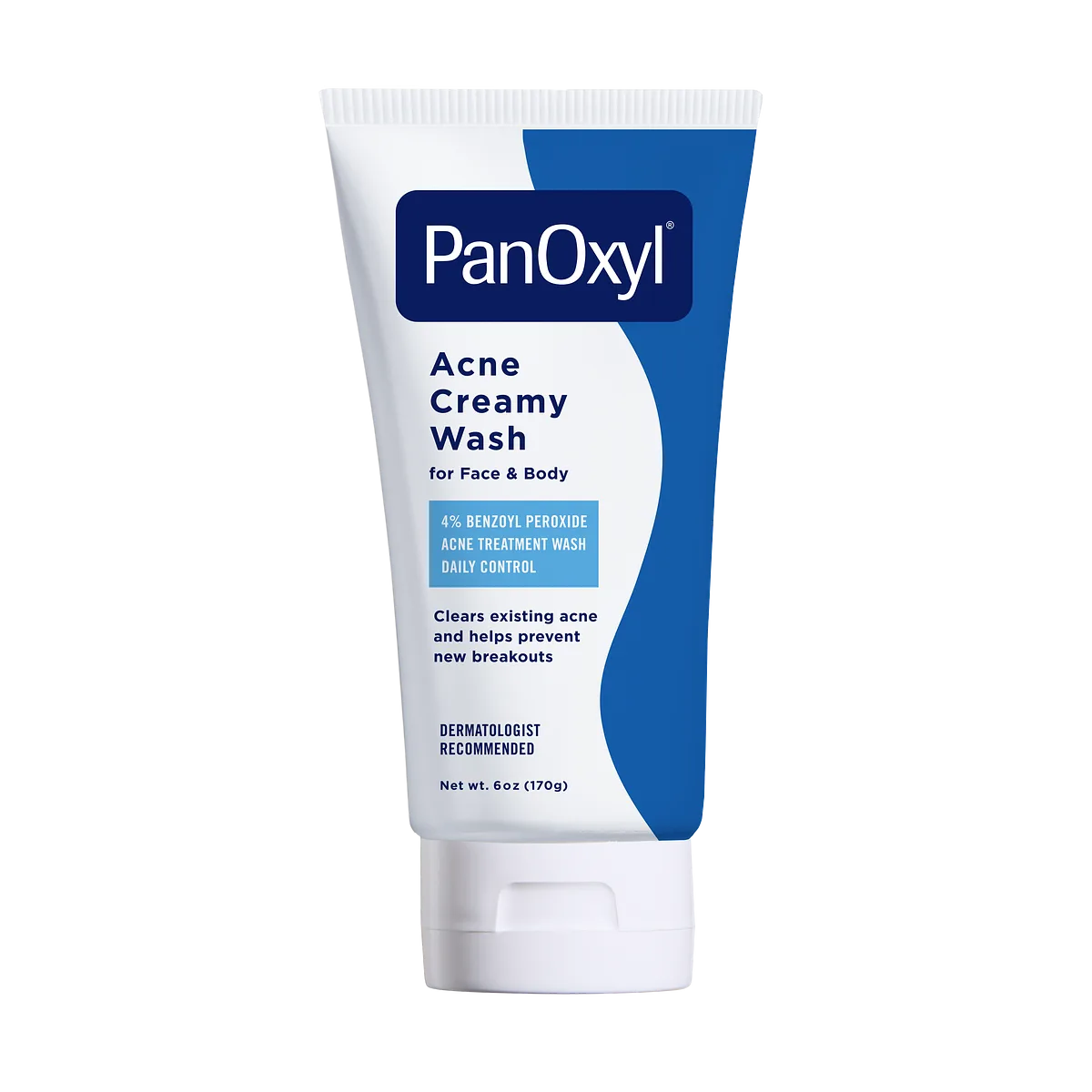 PanOxyl Antimicrobial Hydrating Acne Creamy Wash with 4% Benzoyl Peroxide in a white squeeze tube with blue branding