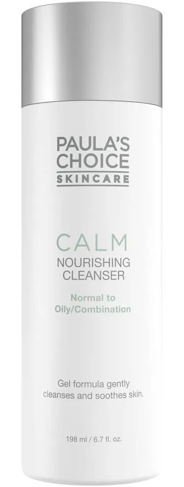 Paula's Choice CALM Redness Relief Cleanser in a white squeeze bottle with green branding