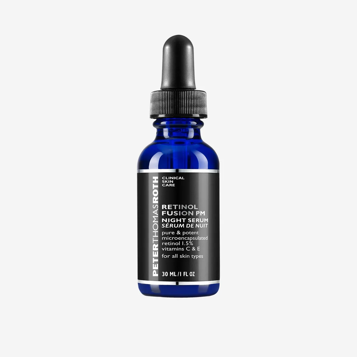 Peter Thomas Roth Retinol Fusion PM Night Serum in a glass bottle with dropper applicator