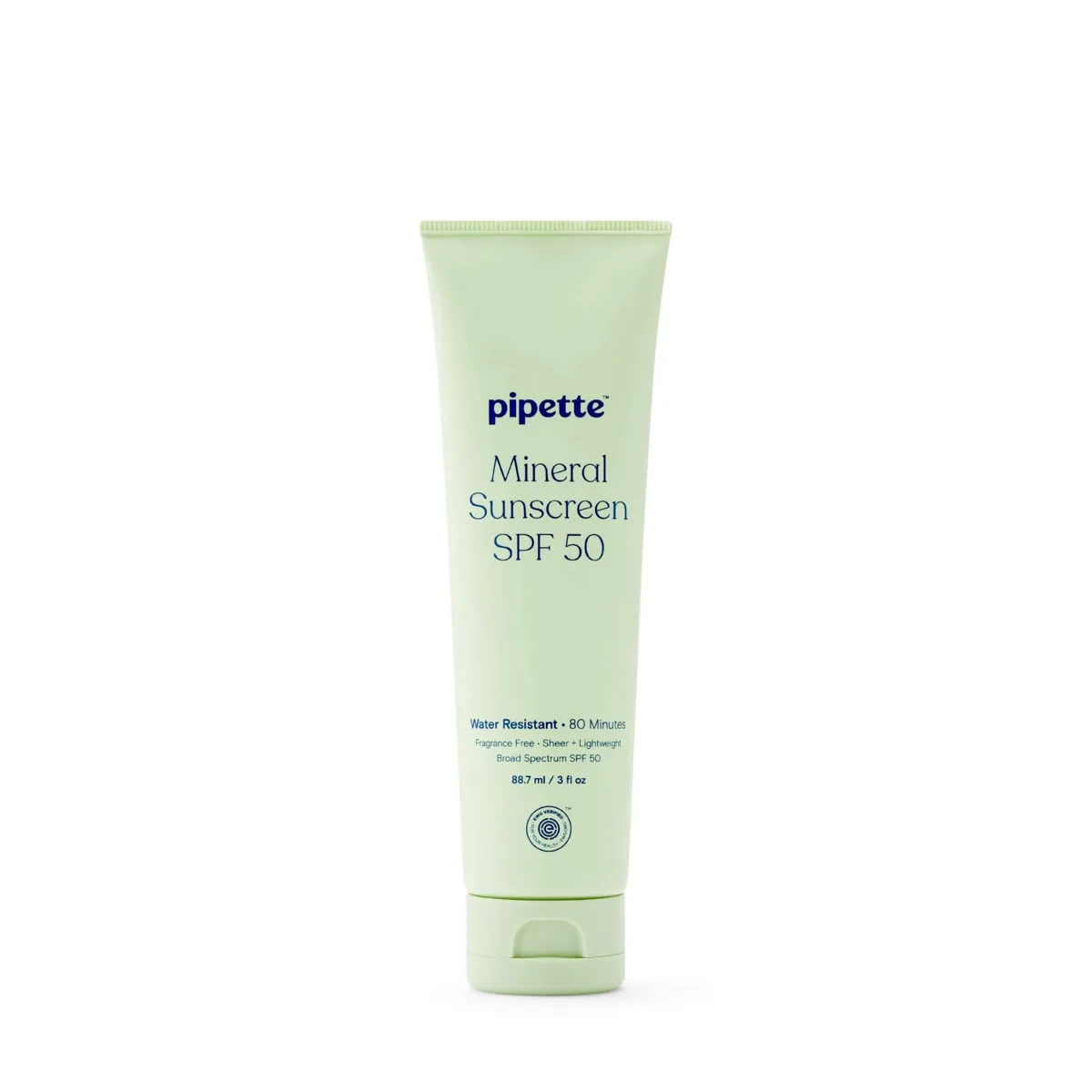 Pipette Mineral Sunscreen Broad Spectrum SPF 50 white squeeze tube with clean minimalist design