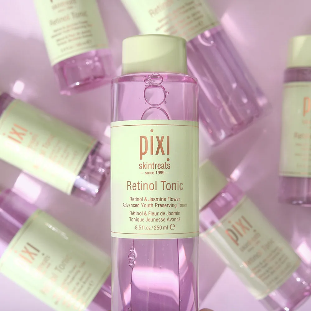 Pixi Retinol Tonic clear bottle with purple-tinted liquid and signature green cap