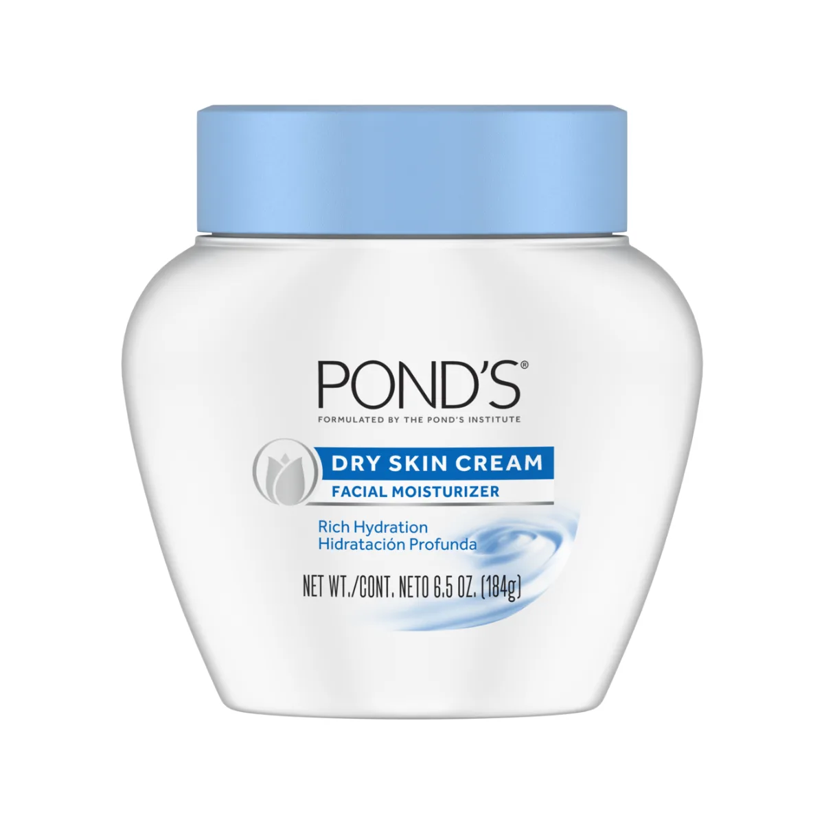 Pond's Dry Skin Cream in a blue jar with the classic Pond's branding