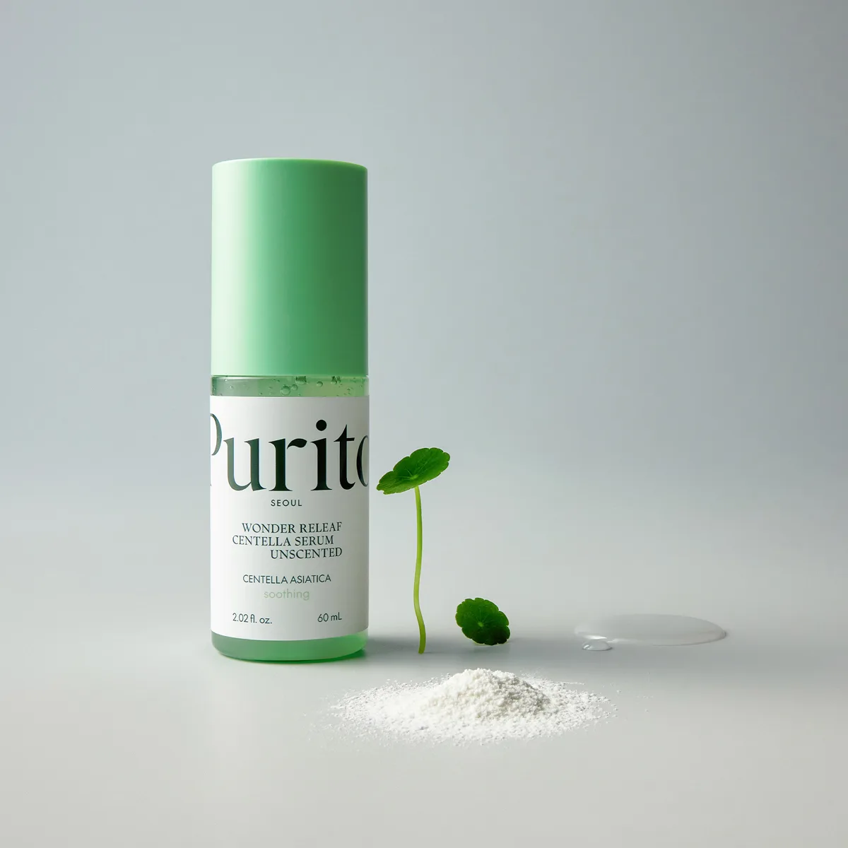 Purito Centella Unscented Serum bottle with pump dispenser and minimalist white label