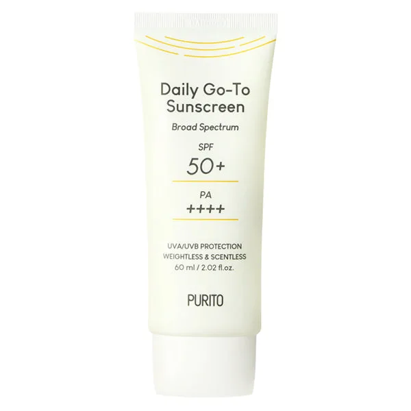 Purito Daily Go-To Sunscreen SPF 50+ PA++++ in a white squeeze tube with minimalist green branding
