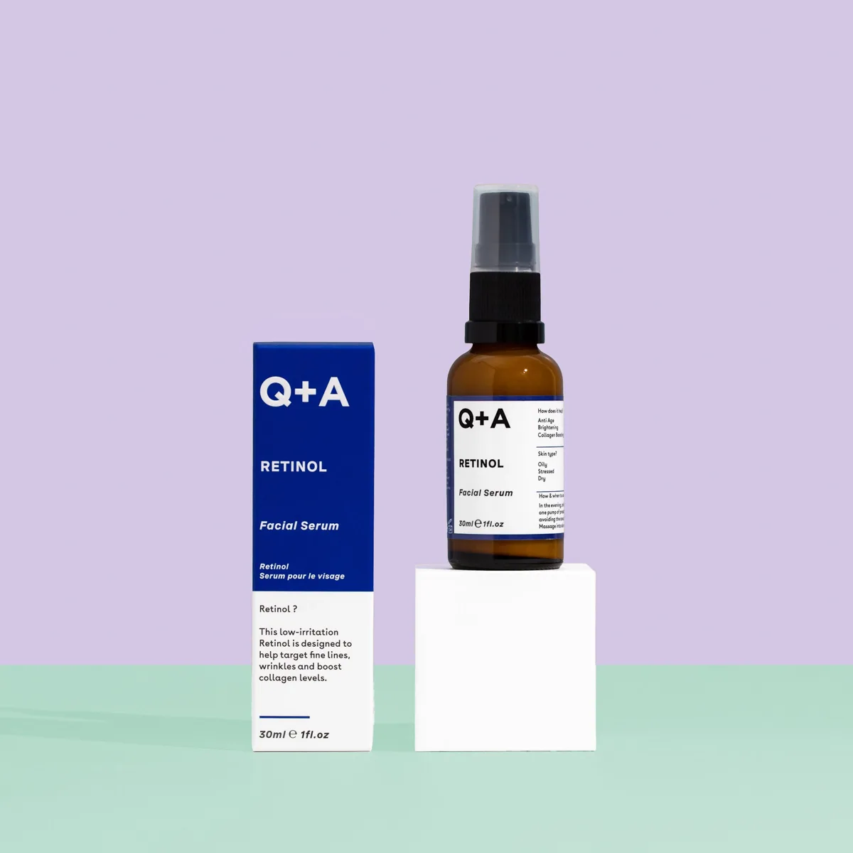 Q+A Skincare Retinol Facial Serum 30ml glass dropper bottle