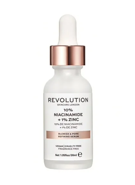 Revolution Skincare Niacinamide 10% + Zinc 1% Blemish & Pore Refining Serum 30ml glass dropper bottle