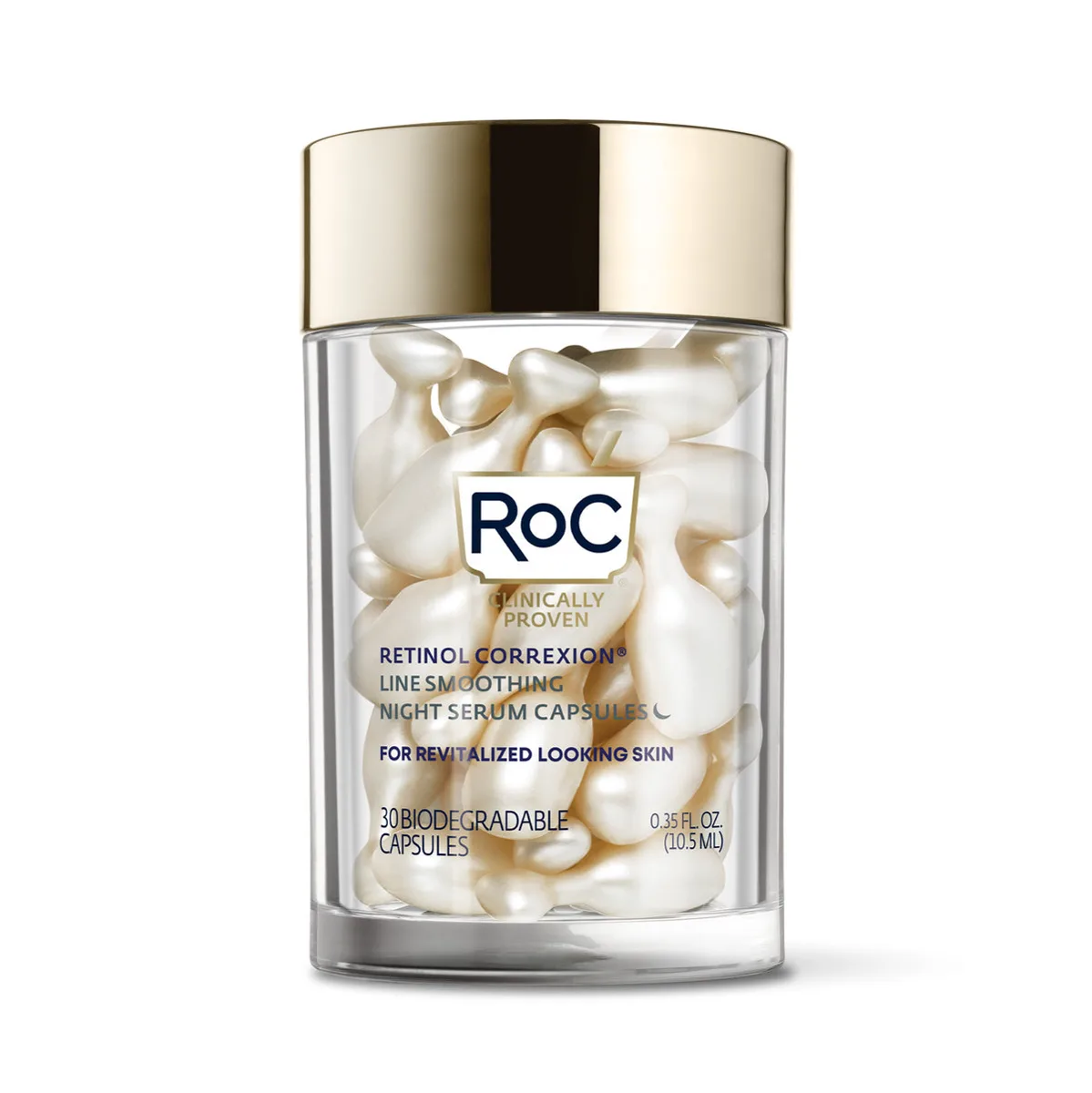 RoC Retinol Correxion Capsules Night Serum jar with biodegradable gold capsules