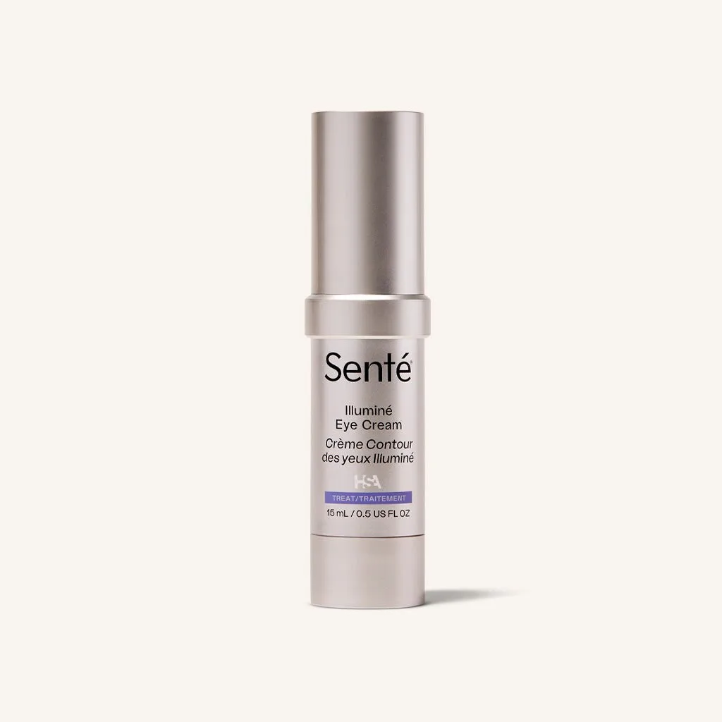 Senté Illuminé Eye Cream 15ml airless pump tube — clinical eye cream with heparan sulfate analog and peptides