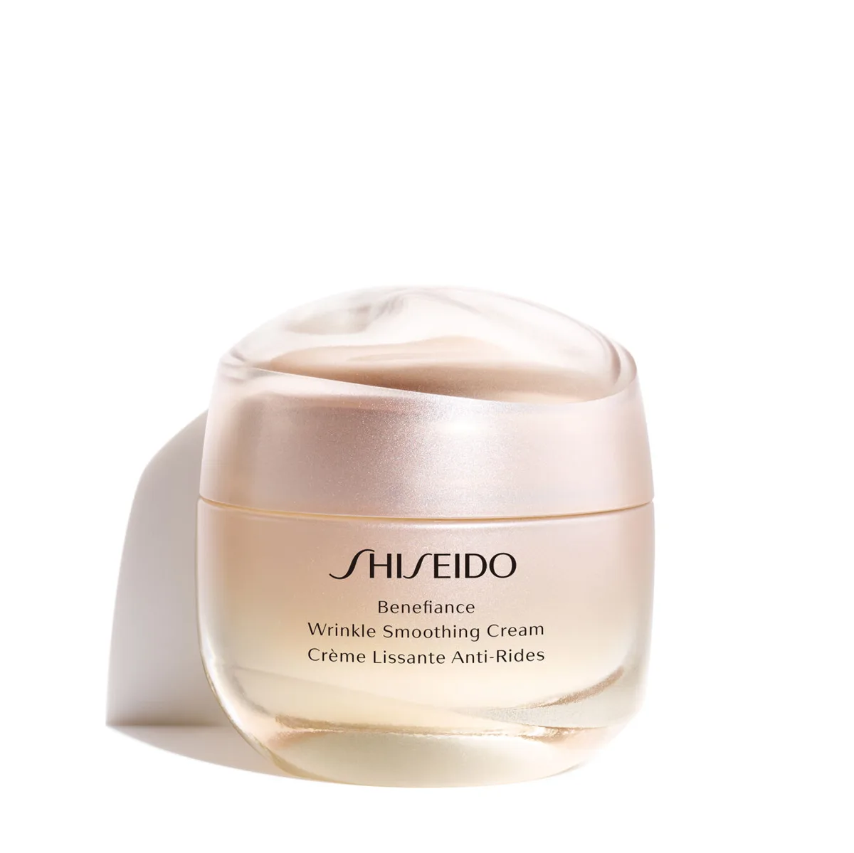 Shiseido Benefiance Wrinkle Smoothing Cream in an elegant glass jar with spatula