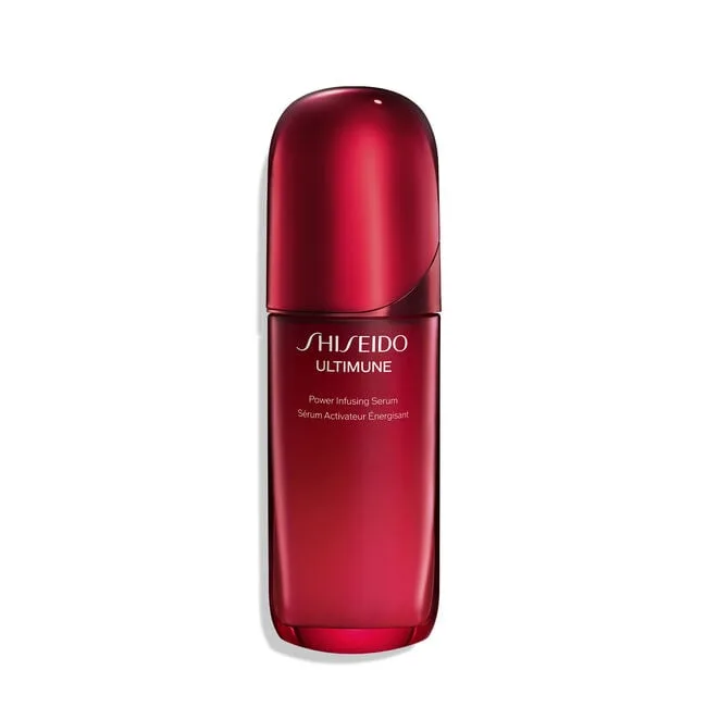Shiseido Ultimune Power Infusing Concentrate red glass bottle with pump dispenser