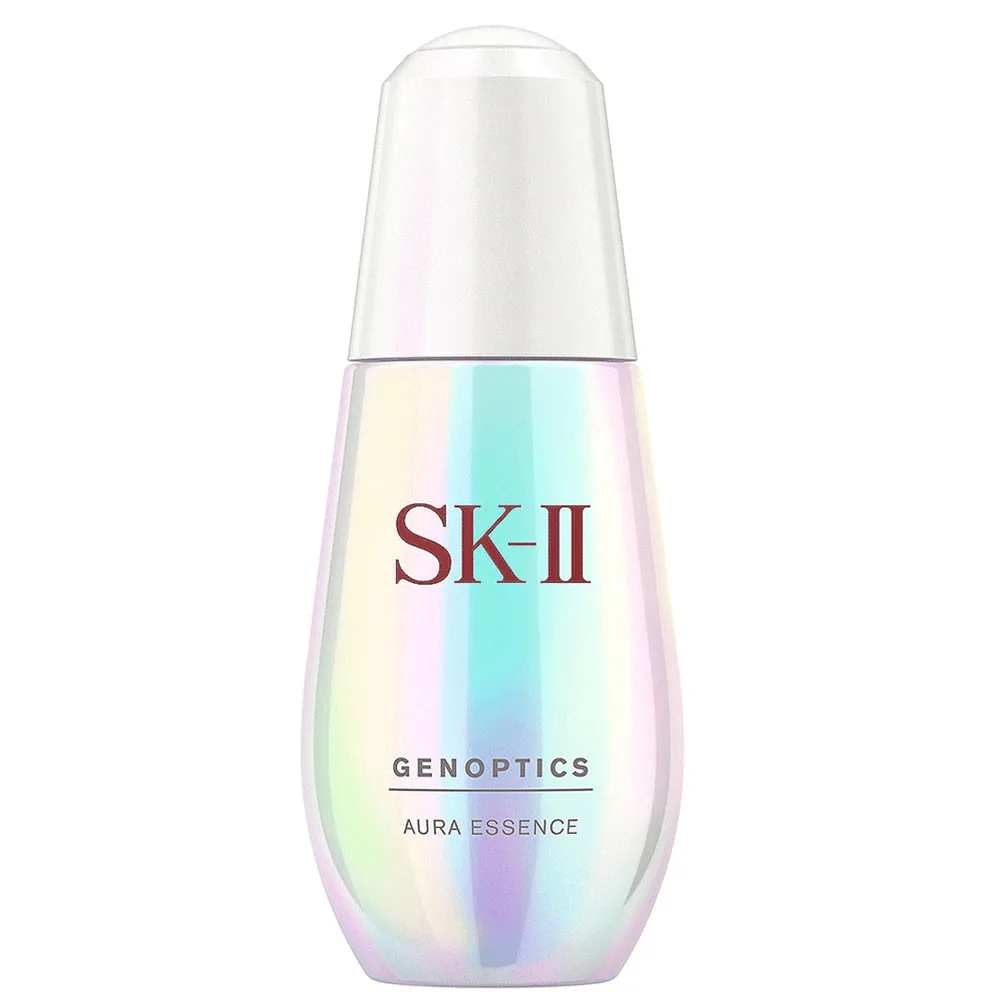SK-II GenOptics Aura Essence brightening serum in frosted glass bottle with red and white branding