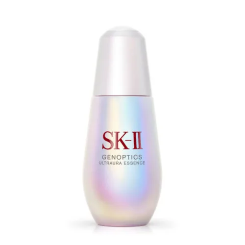 SK-II GenOptics Ultraura Essence brightening serum in frosted glass bottle with pump dispenser