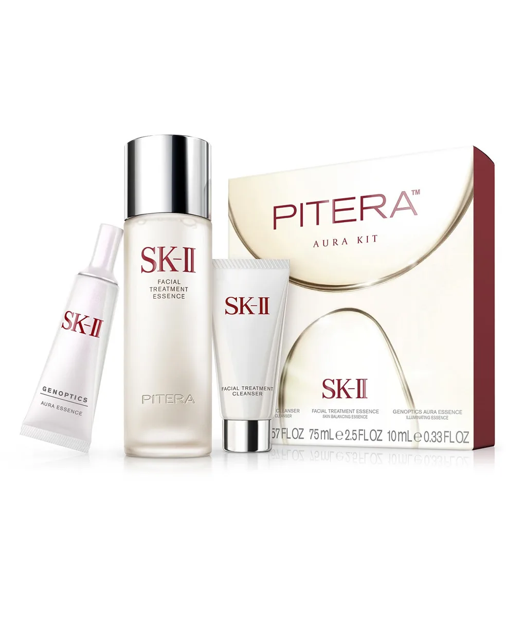 SK-II Pitera Aura Kit containing Facial Treatment Essence, Facial Treatment Cleanser, and GenOptics Ultraura Essence