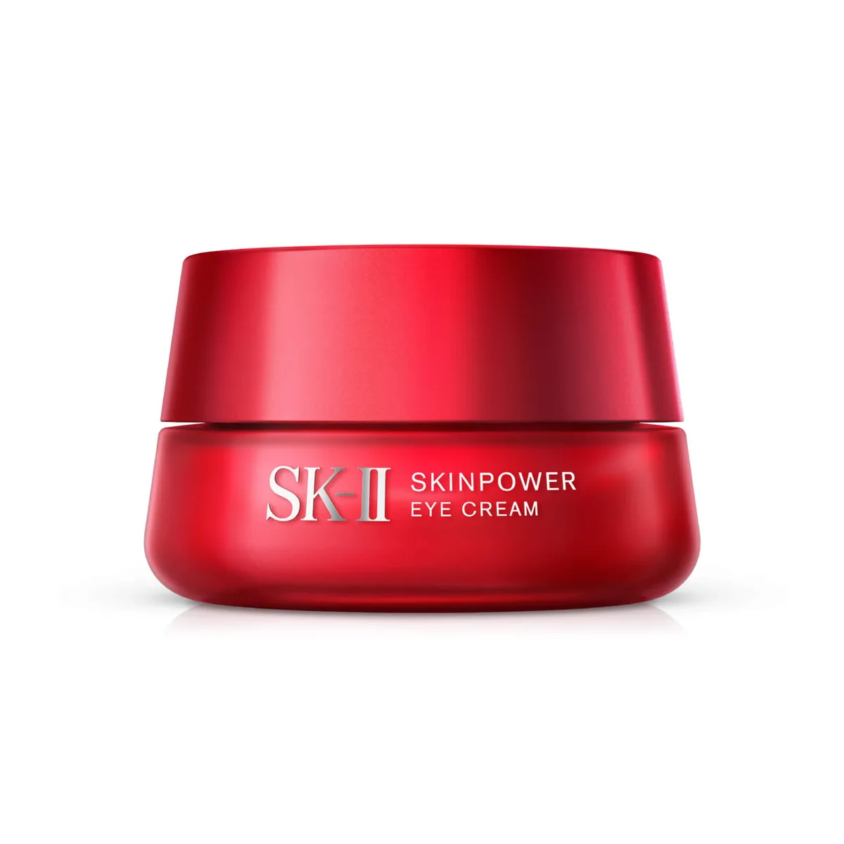 SK-II Skinpower Eye Cream in signature burgundy glass jar with silver lid and spatula applicator