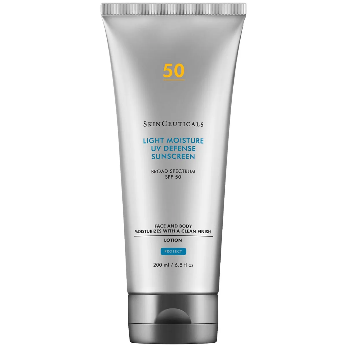 SkinCeuticals Light Moisture UV Defense SPF 50 tube on neutral background