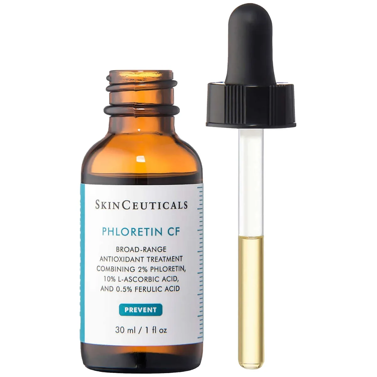 SkinCeuticals Phloretin CF antioxidant serum bottle on neutral background