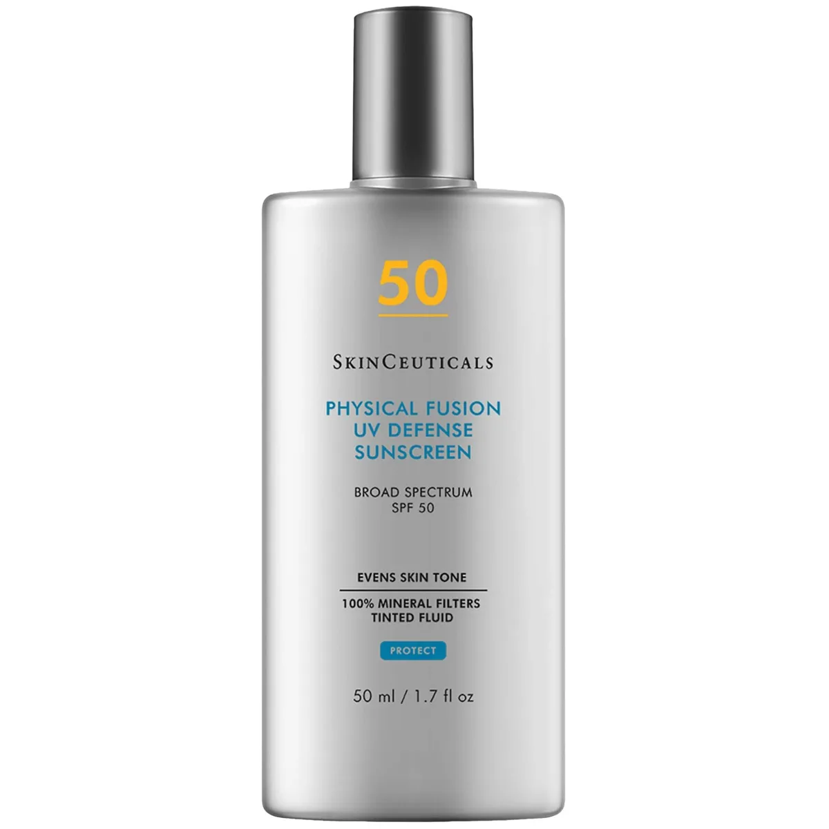 SkinCeuticals Physical Fusion UV Defense SPF 50 tinted mineral sunscreen tube on neutral background