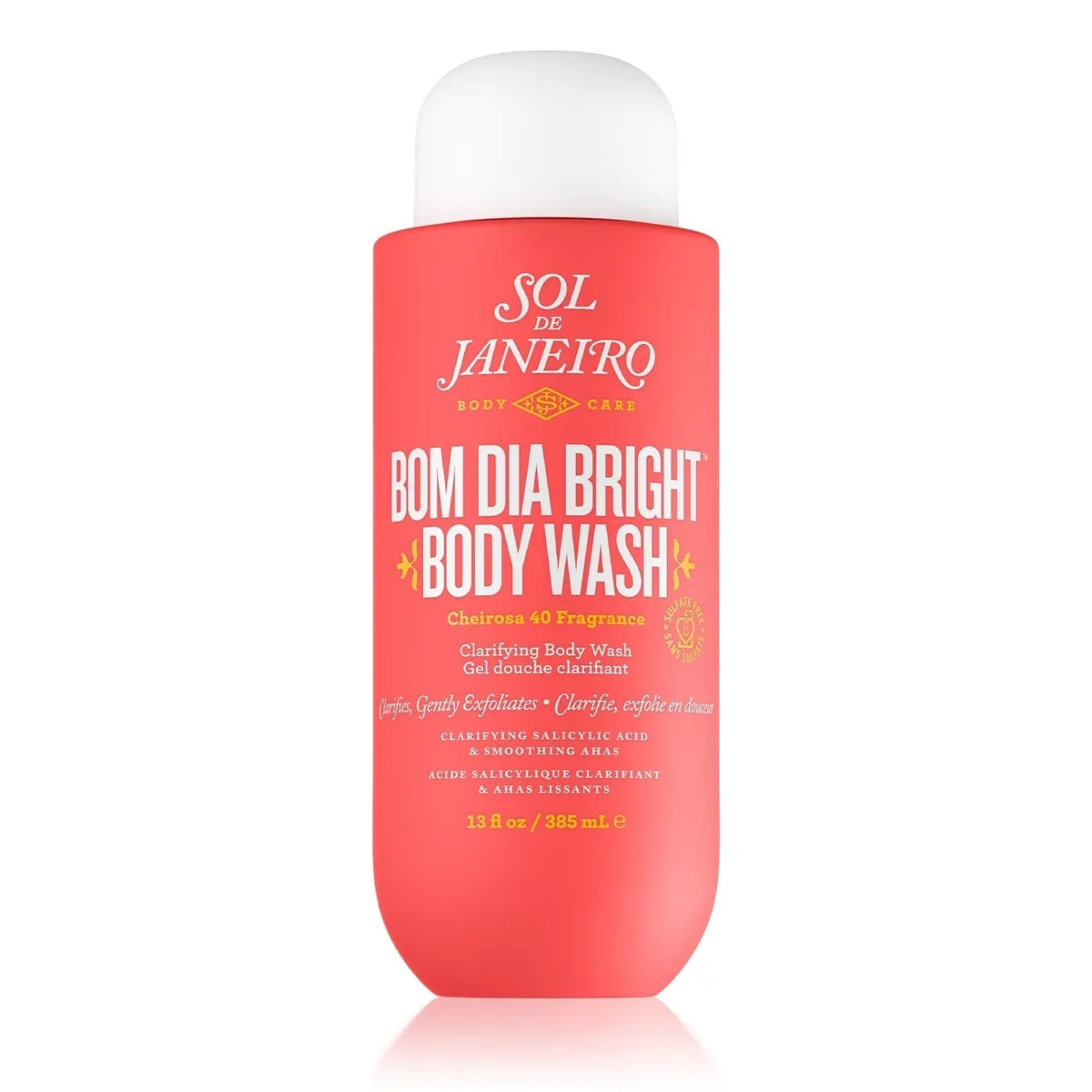 Sol de Janeiro Bom Dia Bright Clarifying AHA BHA Body Wash in a yellow squeeze tube