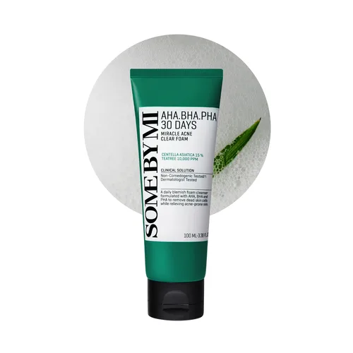 Some By Mi AHA BHA PHA 30 Days Miracle Cleansing Foam white squeeze tube with green accents