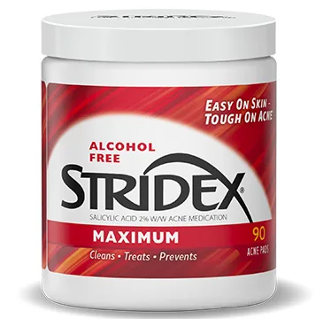 Stridex Maximum Strength Pads red round tub with snap-close lid containing 90 medicated salicylic acid pads