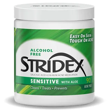 Stridex XtraCare Sensitive Pads with Aloe in green tub packaging