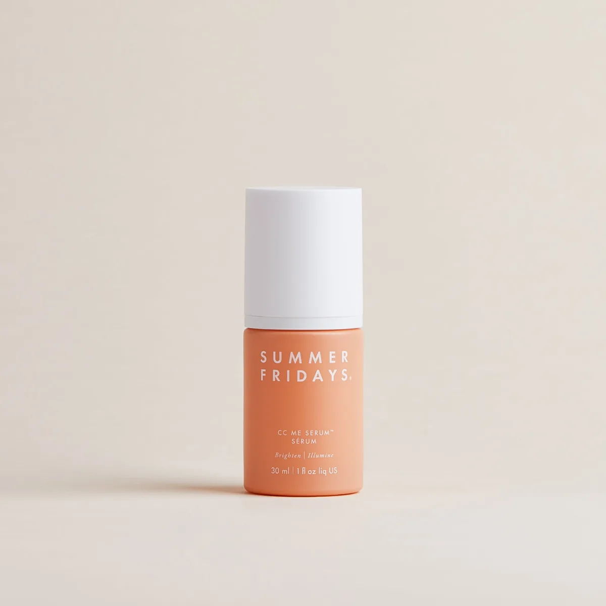 Summer Fridays CC Me Vitamin C Serum in frosted glass bottle with pump dispenser