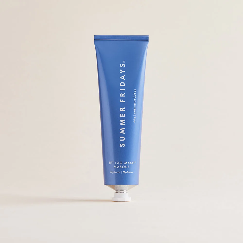 Summer Fridays Jet Lag Mask Hydrating Face Mask in recyclable aluminum tube with minimalist cream-beige design