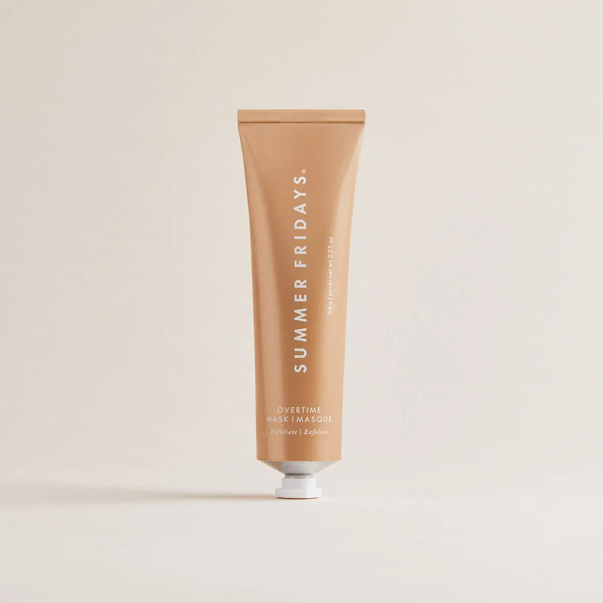 Summer Fridays Overtime Mask in warm copper-toned aluminum squeeze tube