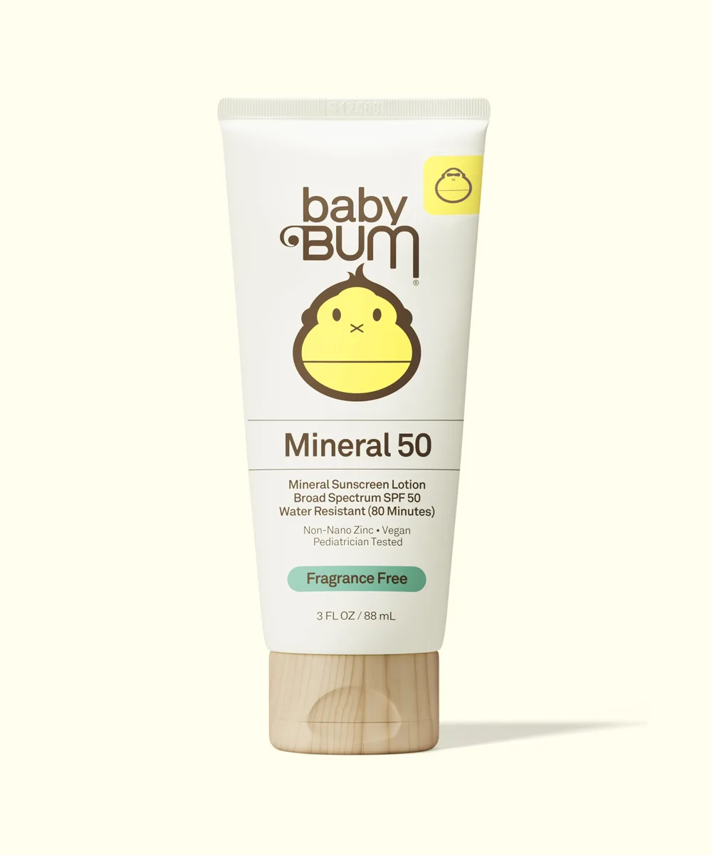 Sun Bum Baby Bum SPF 50 Mineral Sunscreen Lotion in pastel yellow squeeze tube